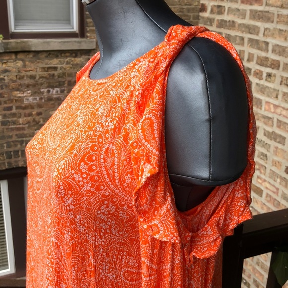 Vintage Orange Paisley Old Navy Ruffle Cold Shoulder Mini Dress Y2K Boho Vibes S - Picture 4 of 13